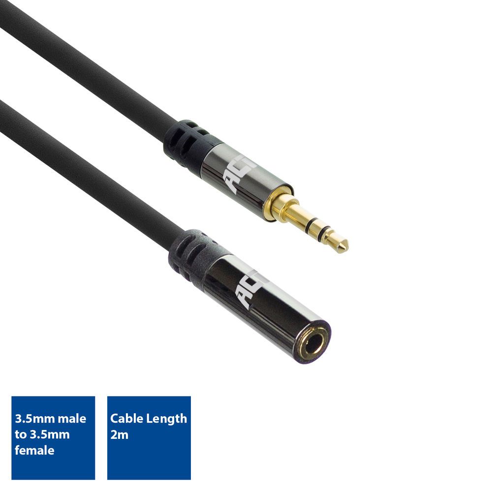 ACT High Quality audio extension cable 3.5 mm stereo jack male to female 2m Black