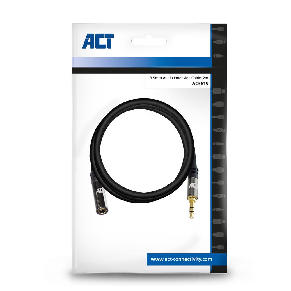 ACT High Quality audio extension cable 3.5 mm stereo jack male to female 2m Black