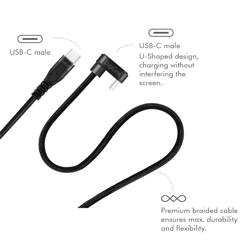 Logilink USB 2.0 Type-C cable C/M 180° to USB-C/M alu 2m Black