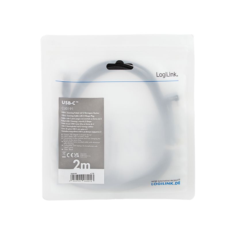 Logilink USB 2.0 Type-C cable C/M 180° to USB-C/M alu 2m Black