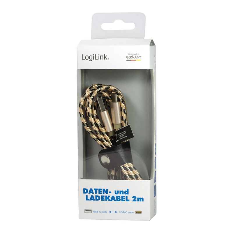 Logilink USB 2.0 Type-C cable C/M to USB-A/M nylon 2m Black/Gold
