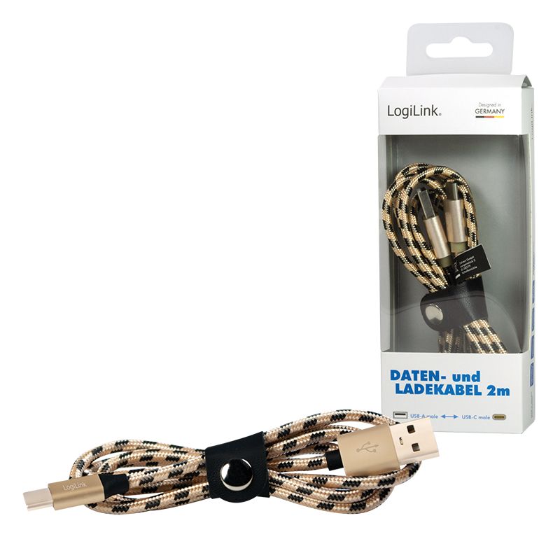 Logilink USB 2.0 Type-C cable C/M to USB-A/M nylon 2m Black/Gold