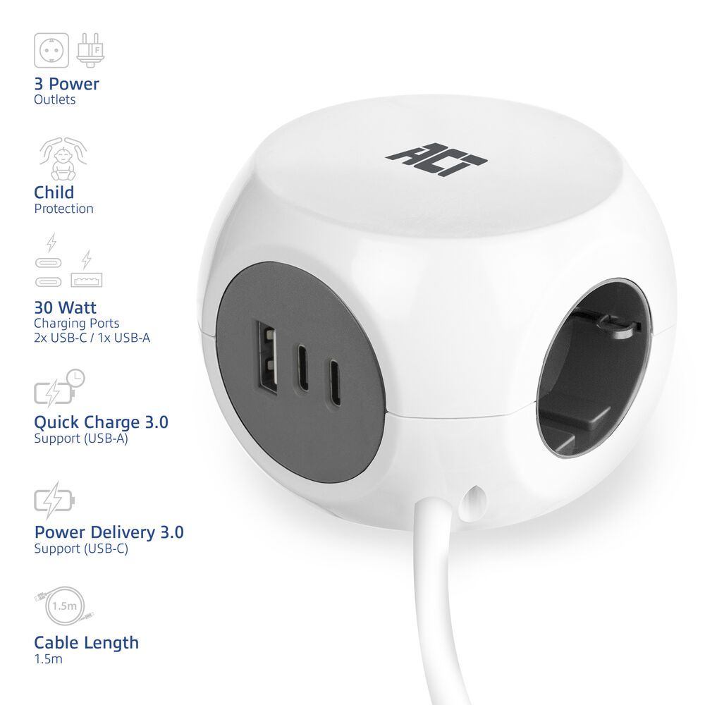 ACT Power Strip Cube F Socket Hálózati Elosztó Kapcsolóval 3DIN 1,5m White