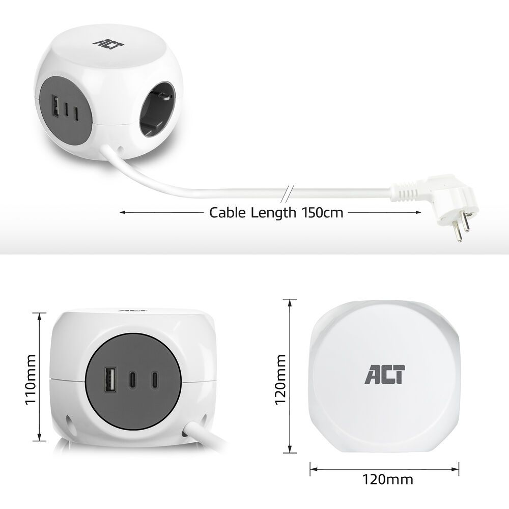 ACT Power Strip Cube F Socket Hálózati Elosztó Kapcsolóval 3DIN 1,5m White