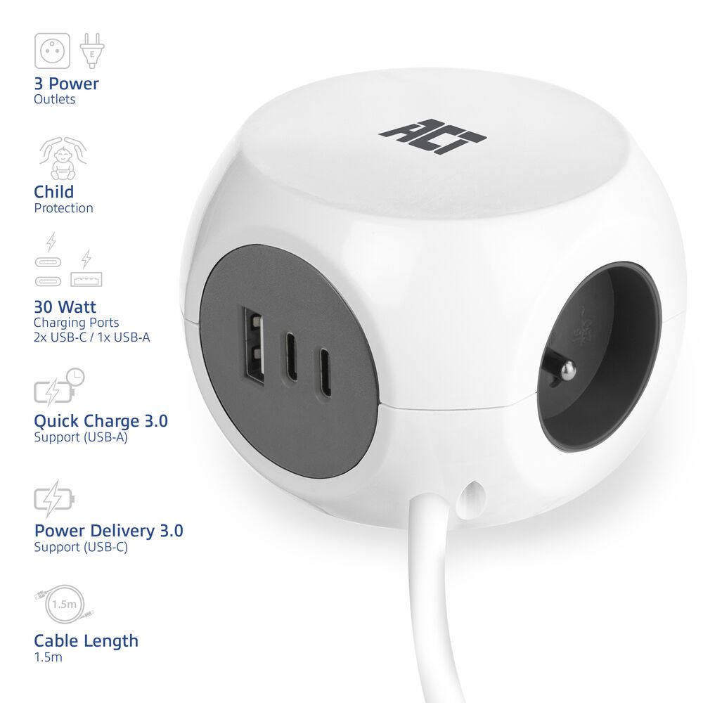ACT Power Strip Cube E Socket Hálózati Elosztó Kapcsolóval 3DIN 1,5m White