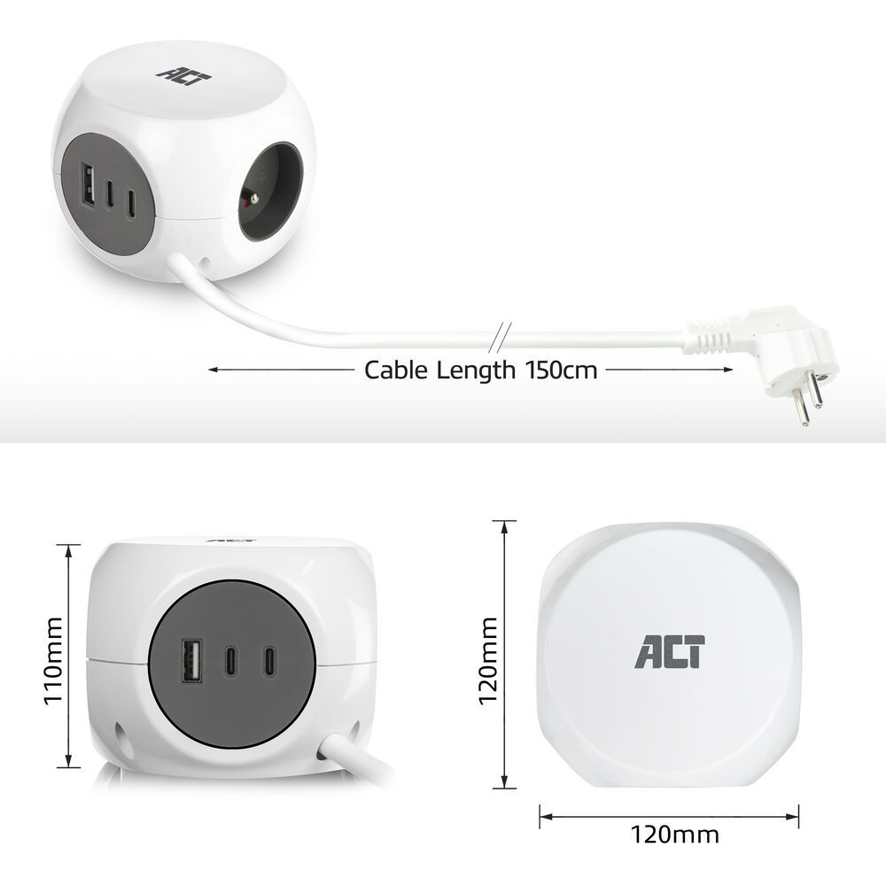 ACT Power Strip Cube E Socket Hálózati Elosztó Kapcsolóval 3DIN 1,5m White