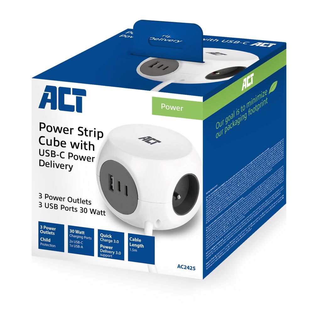 ACT Power Strip Cube E Socket Hálózati Elosztó Kapcsolóval 3DIN 1,5m White