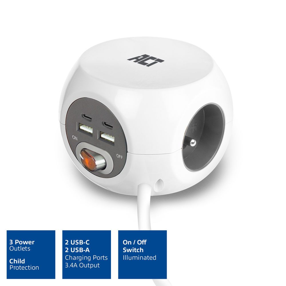 ACT Power Strip Cube E Socket Hálózati Elosztó Kapcsolóval 3DIN 1,5m White