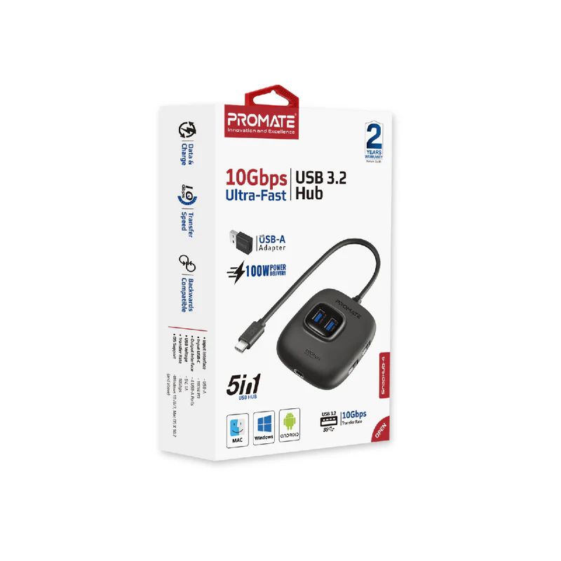 Promate  SnapHub-4 4 Port USB 3.2 HUB Black