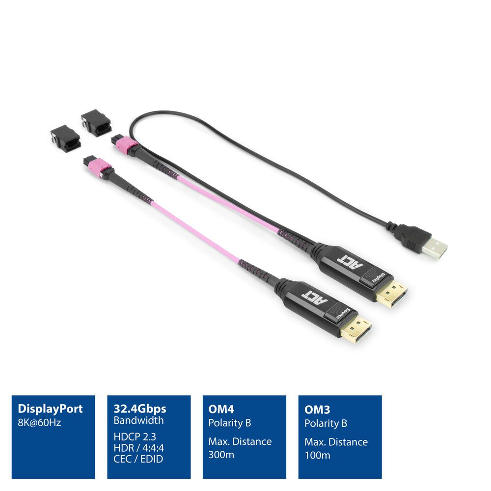 ACT DisplayPort to MTP/MPO adapter set to extend a DisplayPort connection up to 8K@60Hz Violet