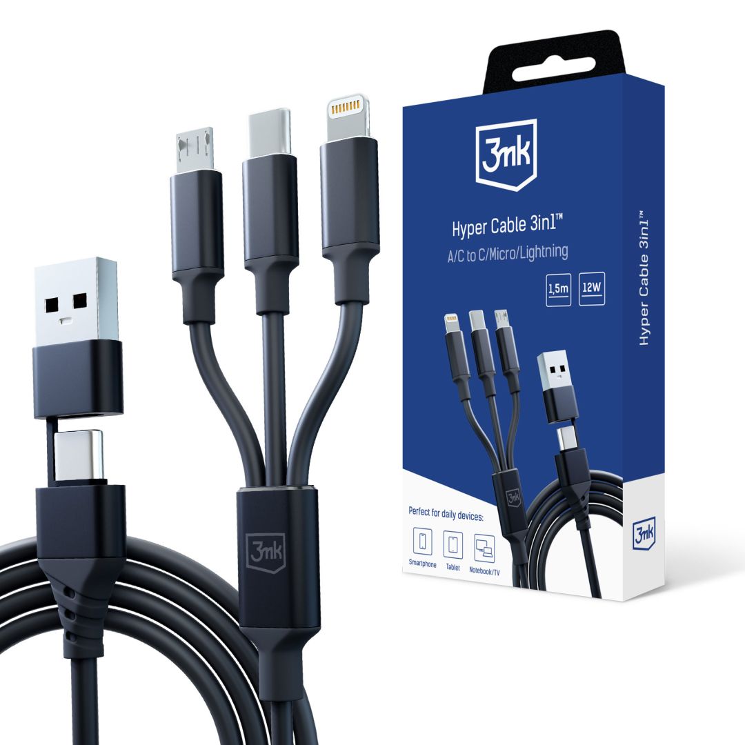 3mk Hyper 3in1 A/C - C/Micro/Lightning 1,5m Black