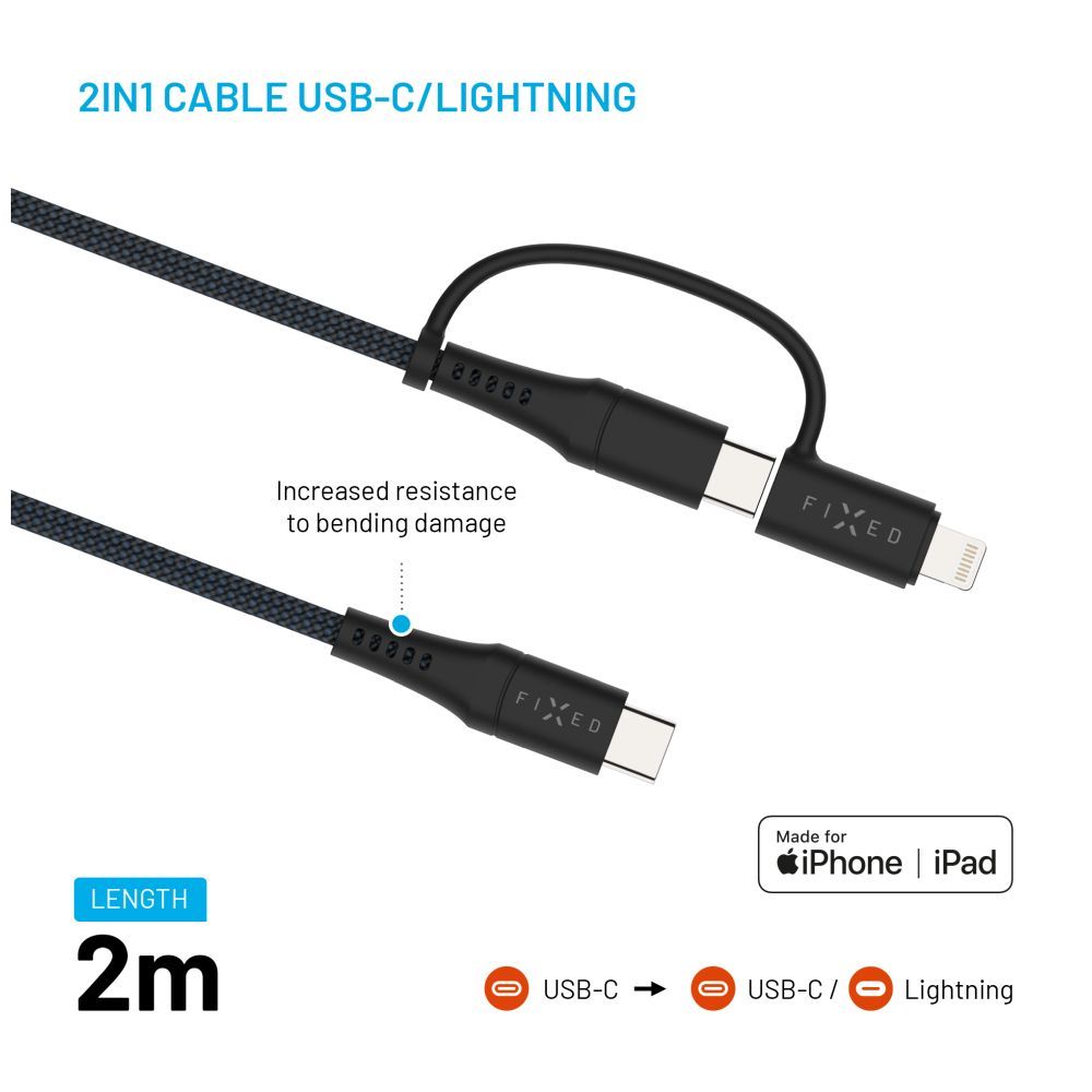 FIXED Braided Cable USB-C/USB-C, Lightning Adapter, 2m, MFi, PD 60W, gray