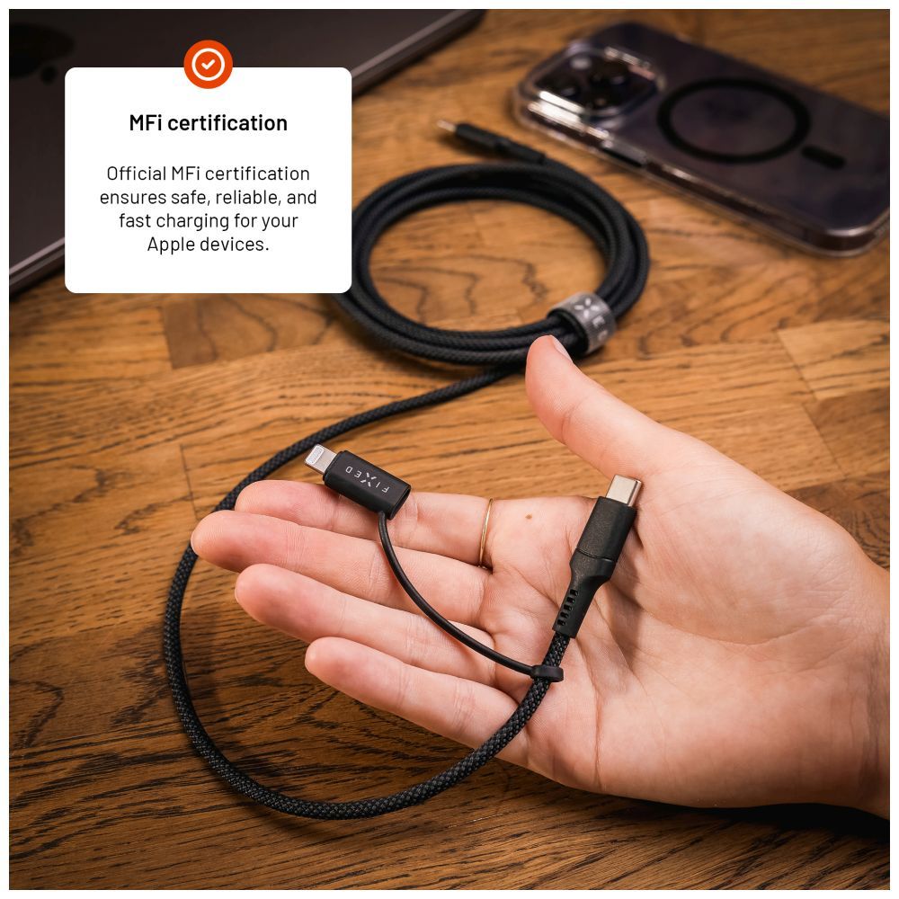 FIXED Braided Cable USB-C/USB-C, Lightning Adapter, 2m, MFi, PD 60W, gray