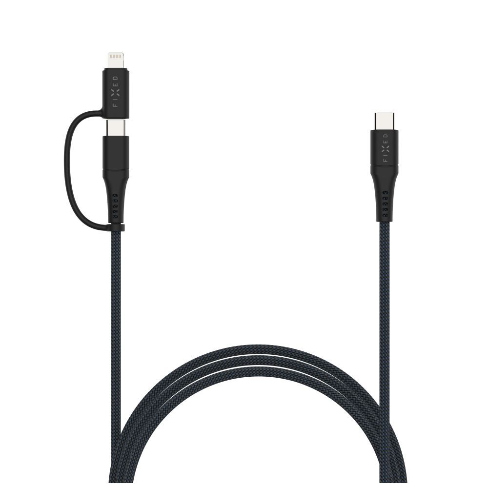 FIXED Braided Cable USB-C/USB-C, Lightning Adapter, 3m, MFi, PD 60W, gray