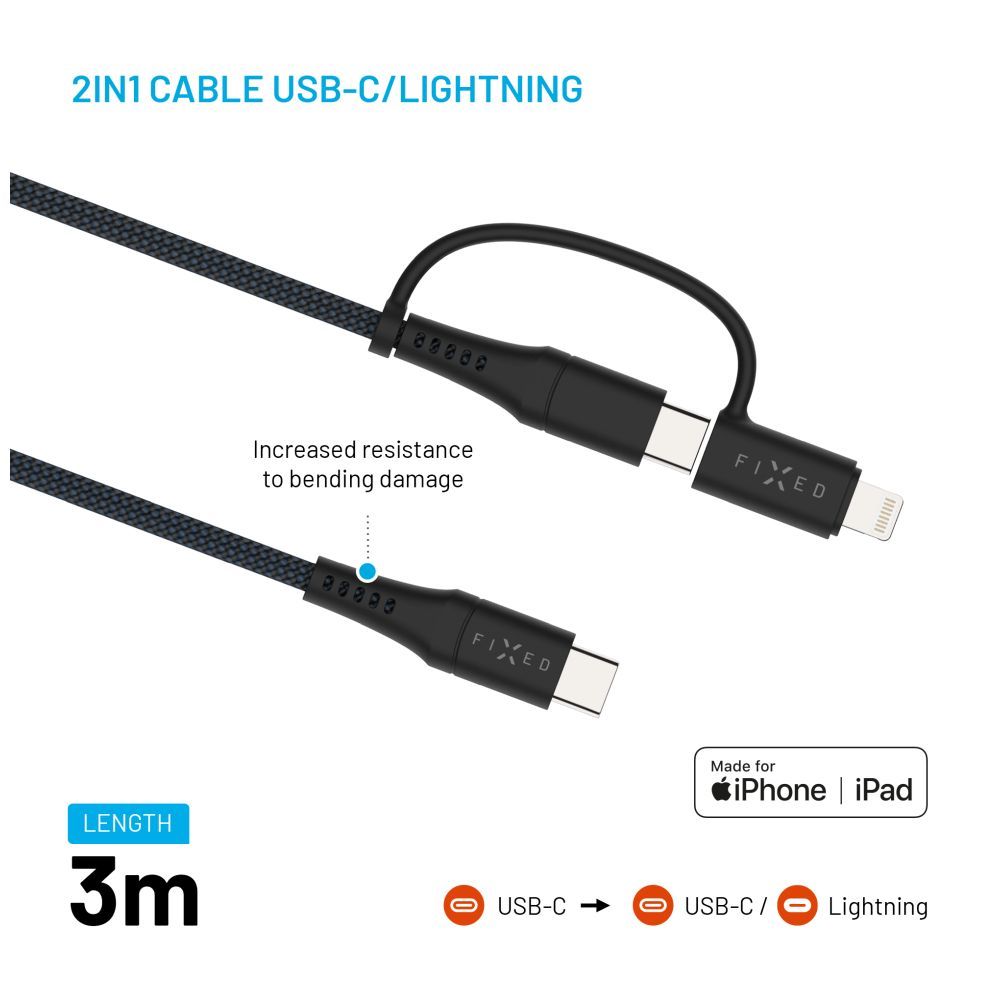 FIXED Braided Cable USB-C/USB-C, Lightning Adapter, 3m, MFi, PD 60W, gray