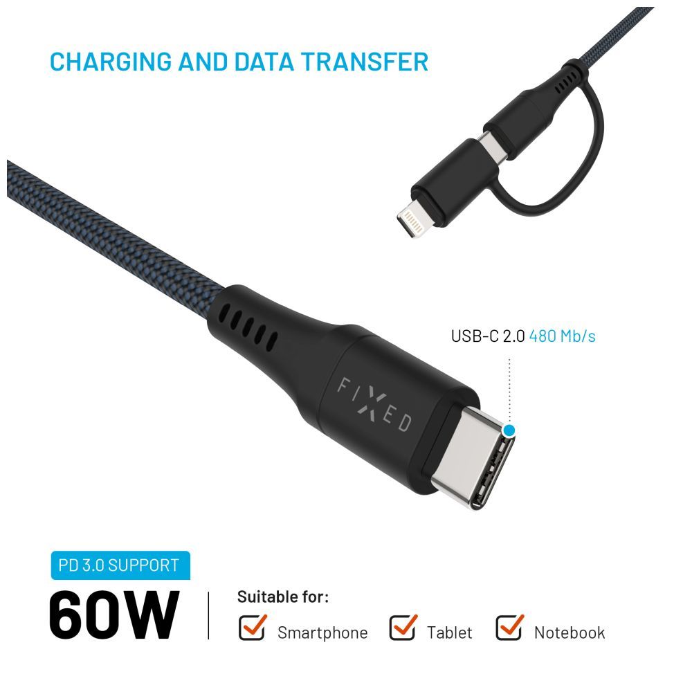 FIXED Braided Cable USB-C/USB-C, Lightning Adapter, 3m, MFi, PD 60W, gray