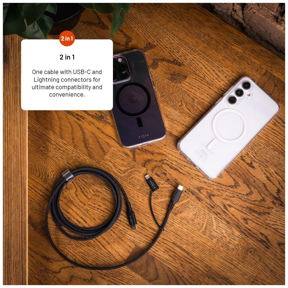 FIXED Braided Cable USB-C/USB-C, Lightning Adapter, 1,2m, MFi, PD 60W, gray