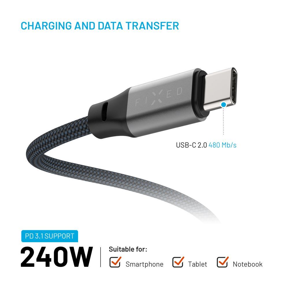 FIXED Magnetic Braided Cable USB-C/USB-C, 1,2m USB2.0 240W Gray