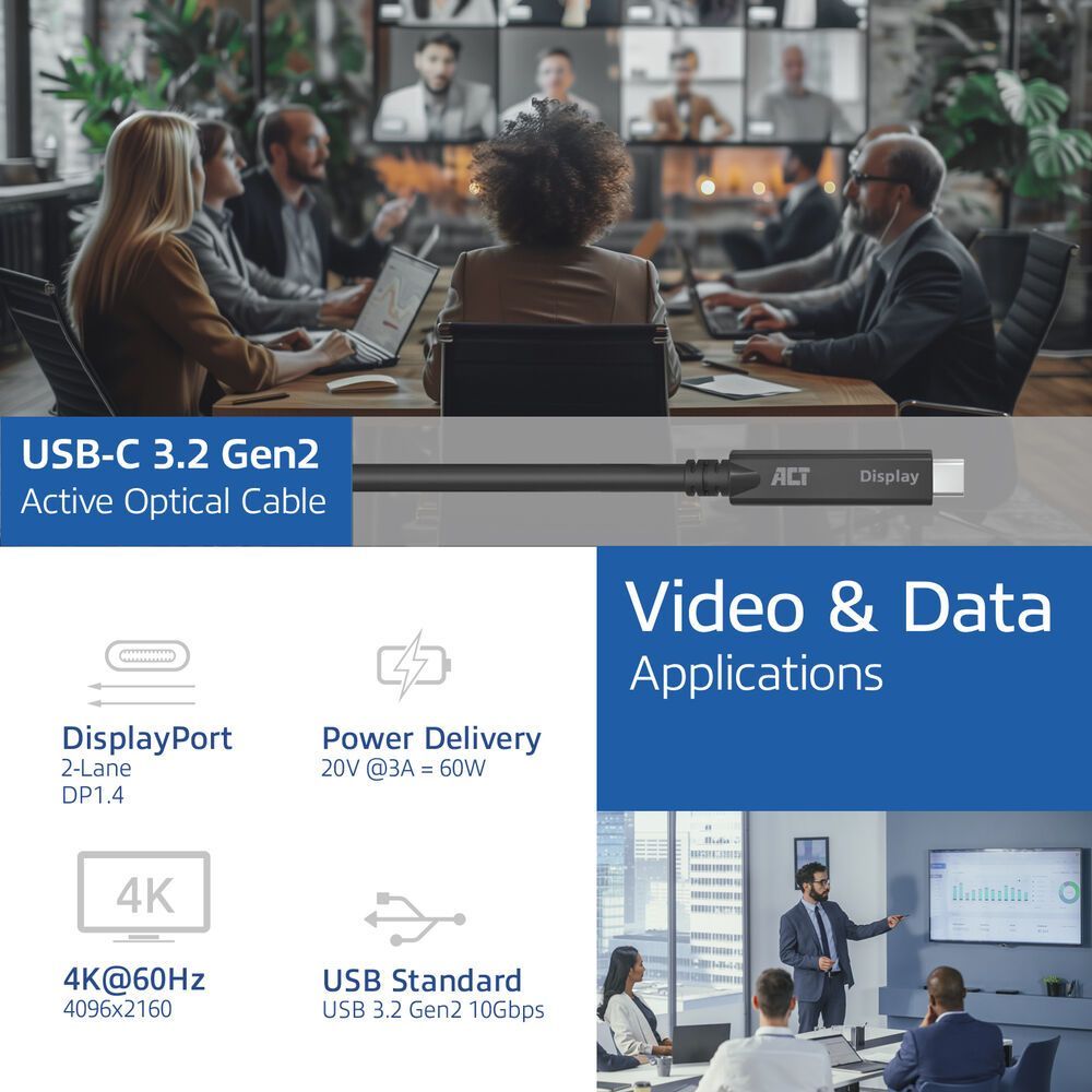 ACT USB-C 3.2 Gen2 Active Optical Cable (AOC) for touch panels video data, power 7,5m Black