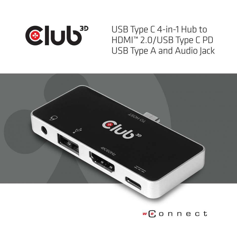 Club3D USB Type C 4-in-1 Hub to HDMI 4K60Hz USB Type C PD / USB Type A / Audio jack