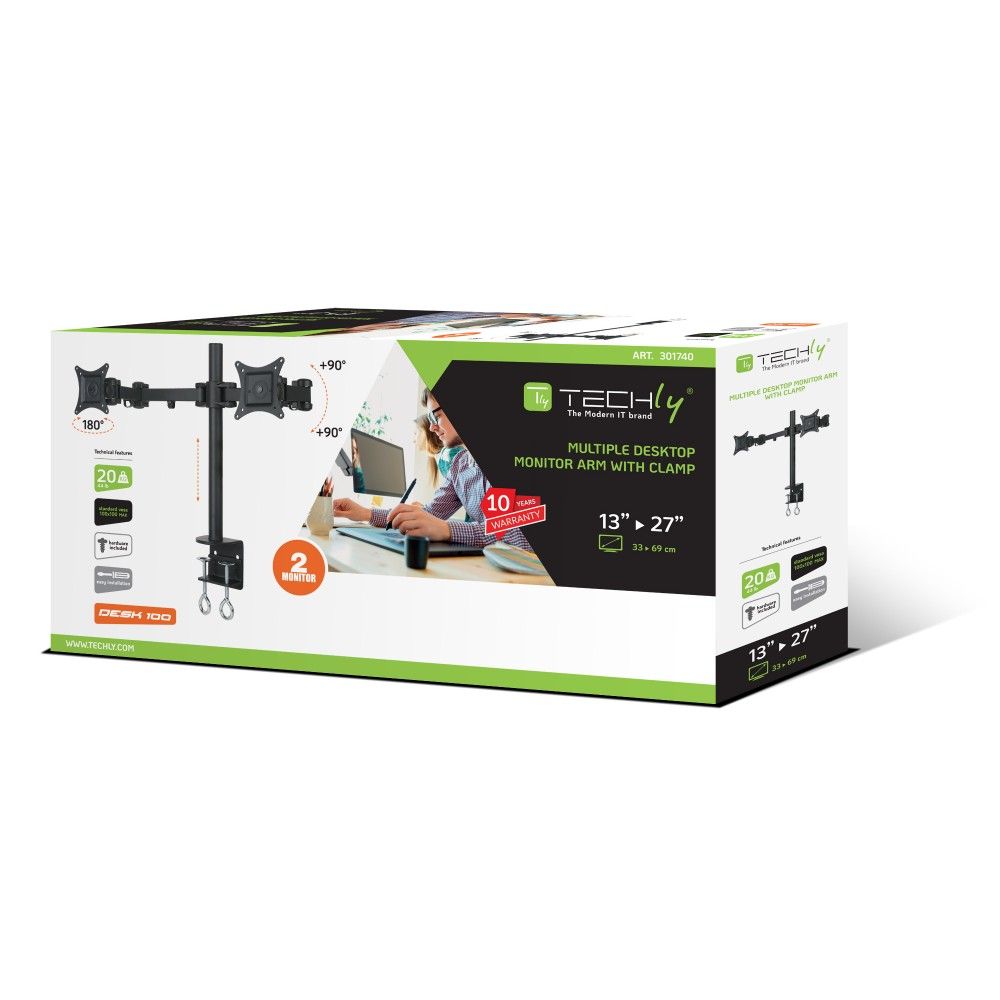 TECHLY  13"-27" Desk Stand for 2 Monitor with Clamp