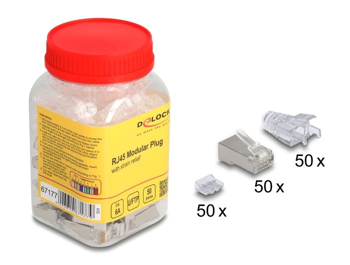 DeLock RJ45 Modular Plug Cat.6A with bend protectection boots transparent 50 pcs set