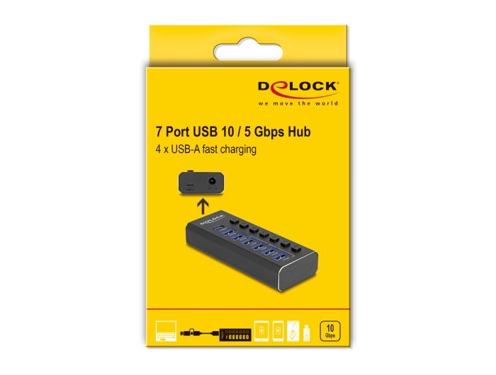 DeLock 7 Port USB Hub with 4 Ports 10 Gbps and 4 Fast Charging Ports with Switch and Illumination
