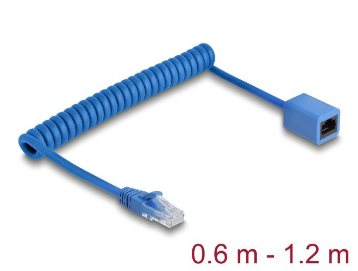 DeLock RJ45 Coiled Cable plug to jack Cat.6 UTP 0.6 m to 1,2m Blue