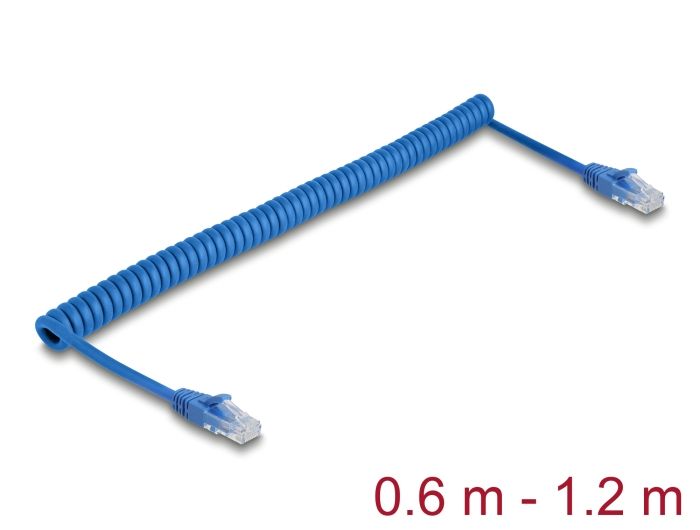 DeLock RJ45 Coiled Cable plug to plug Cat.6 UTP 0.6 m to 1,2m Blue