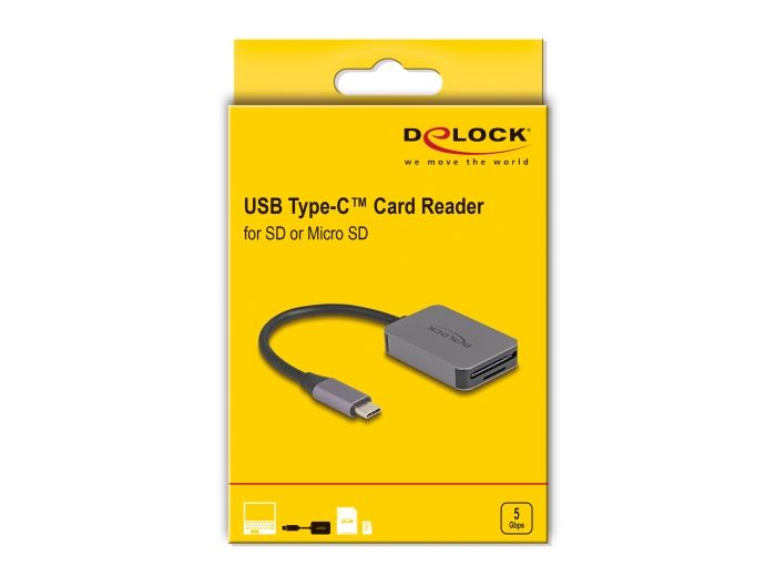 DeLock USB Type-C Card Reader in aluminium enclosure for SD or Micro SD memory cards