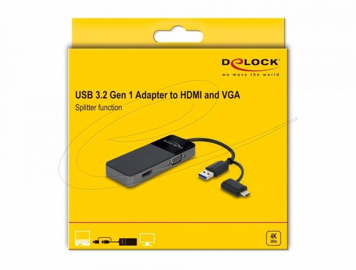 DeLock USB 3.2 Gen 1 Adapter to 4K HDMI + VGA with Splitter function